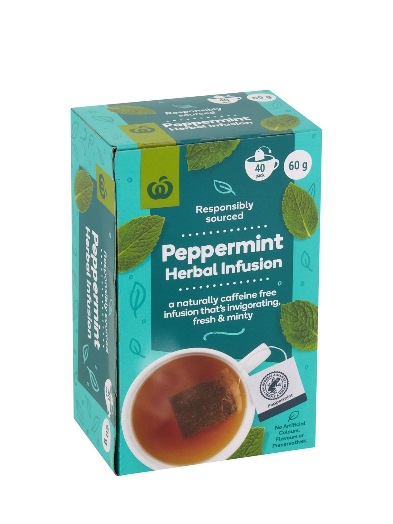 WOOLWORTHS PEPPERMINT TEA BAGS 40PK 60G